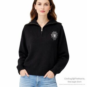 Mardi Mercredi Actif M/L Black Merino Wool Cashmere Half Zip Knit Sweater